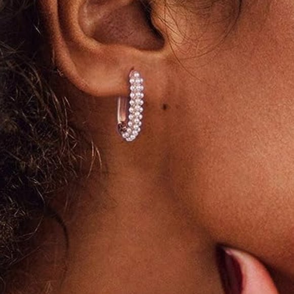 Rose Gold and Pearl Rectangle Hoops Rectangular Hoop Earrings Pave Pearls New - Picture 3 of 12